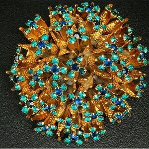 Teal and Blue Rhinestone Layered Dome Trembler Fireworks Urchin Brooch